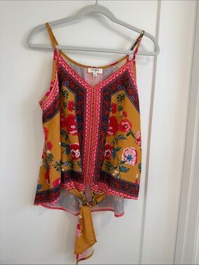 Umgee Mustard Floral Tie-Front Camisole with Pink & Blue Accents